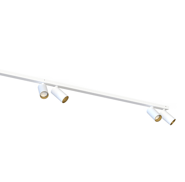 Biało-złote lampy reflektorowe zamontowane na szynoprzewodzie MONO VI o długości 200 cm