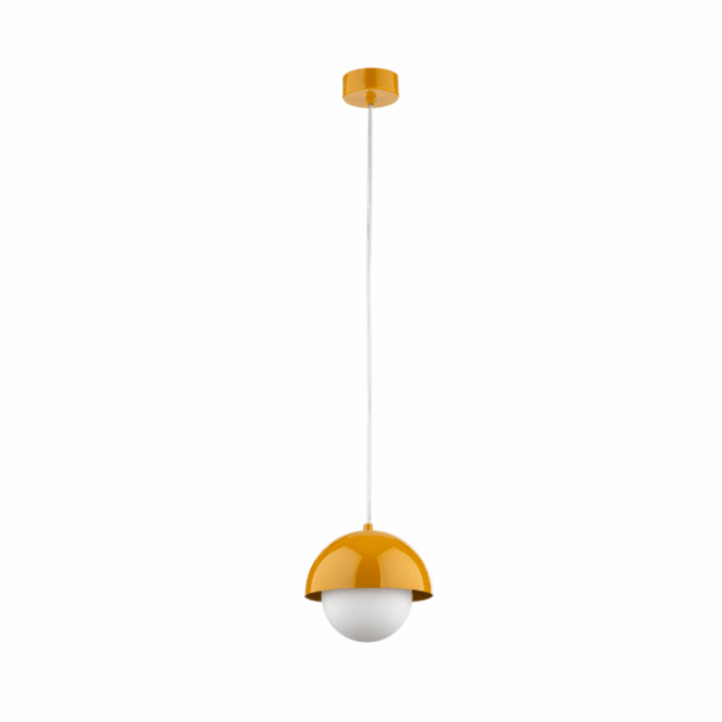 Żółta wisząca lampa Bono TK z mleczną kulą o średnicy 17 cm