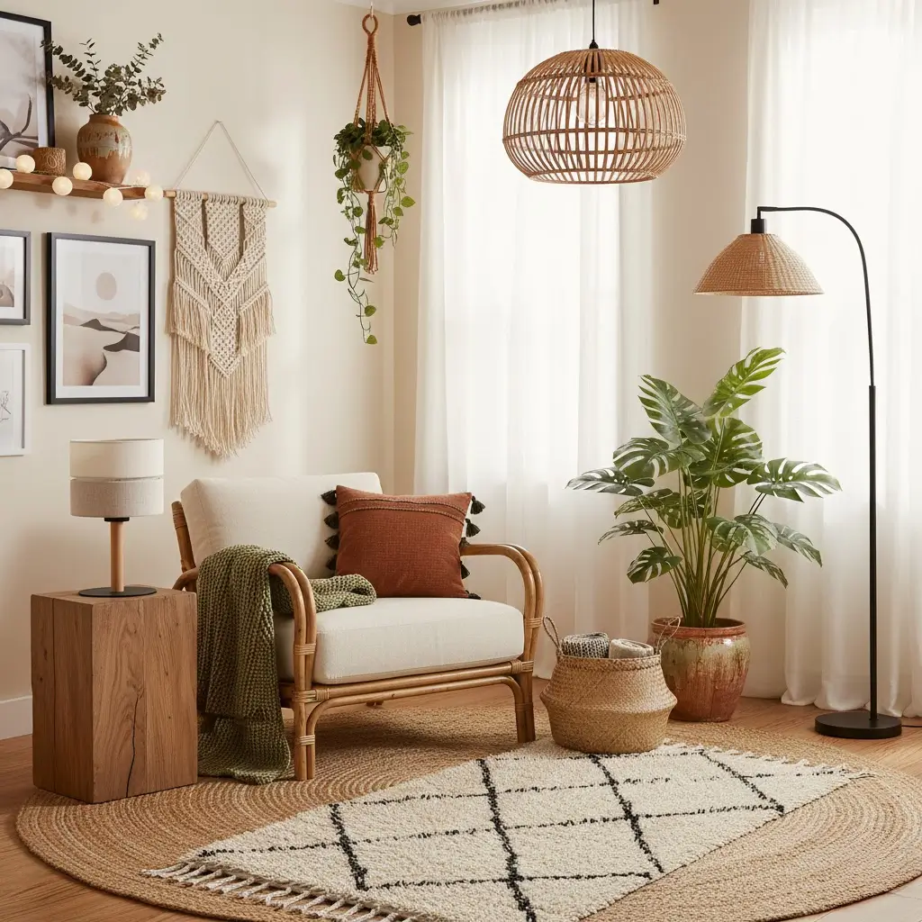 Boho Eco lampka nocna do sypialni z miękkim abażurem z tkaniny