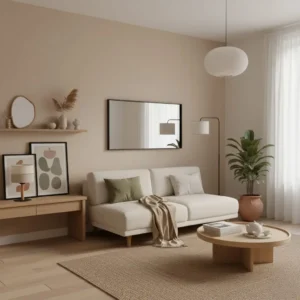 Lampka stołowa boho eko na drewnianej podstawie w beżowym salonie na konsoli obok plakatów.