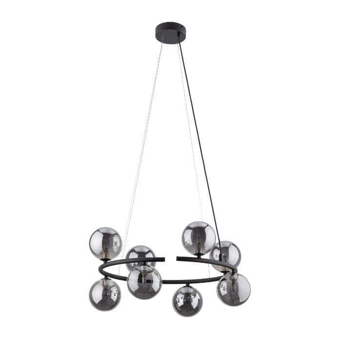 Czarny żyrandol Anabelle 8 z szarymi szklanymi kulami