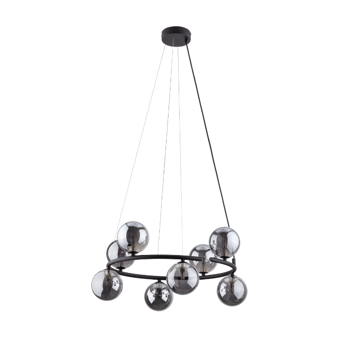 Czarny żyrandol Anabelle 8 z szarymi szklanymi kulami