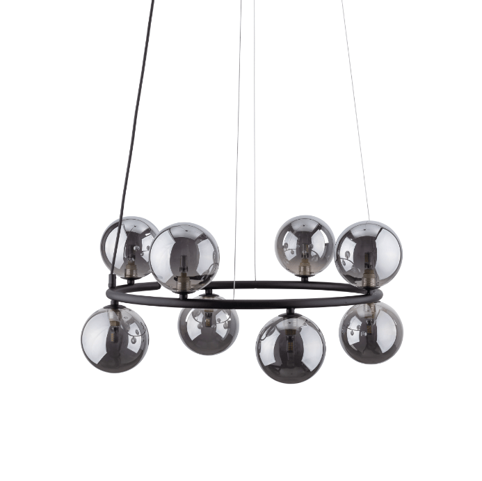 Czarny żyrandol Anabelle 8 z szarymi szklanymi kulami