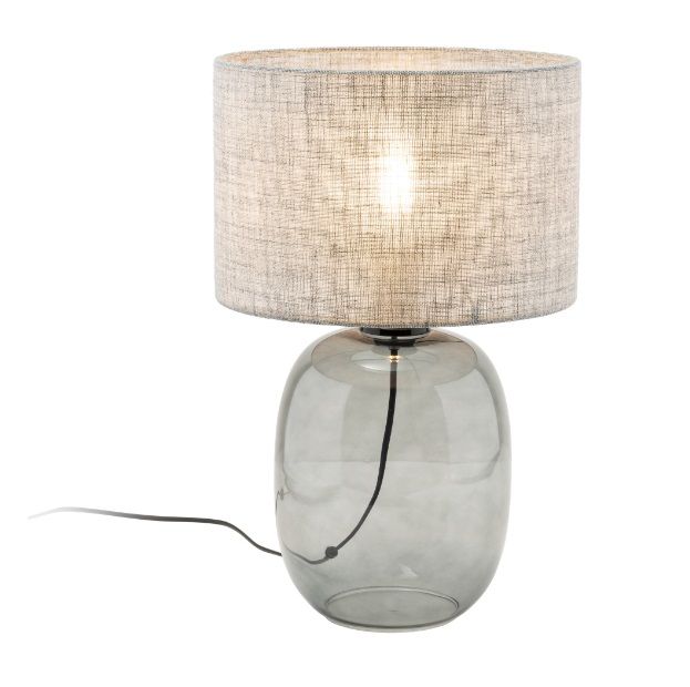 Szklana szara lampka stołowa Melody z lnianym abażurem