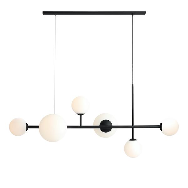 Czarna wisząca lampa Dione 6 z eleganckimi szklanymi kloszami na listwie