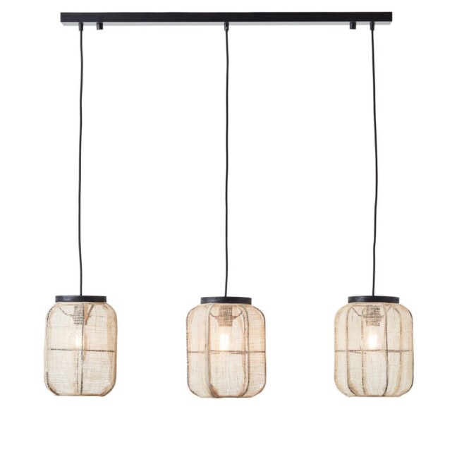 Wisząca lampa Zaire z trzema lnianymi abażurami w naturalnym stylu