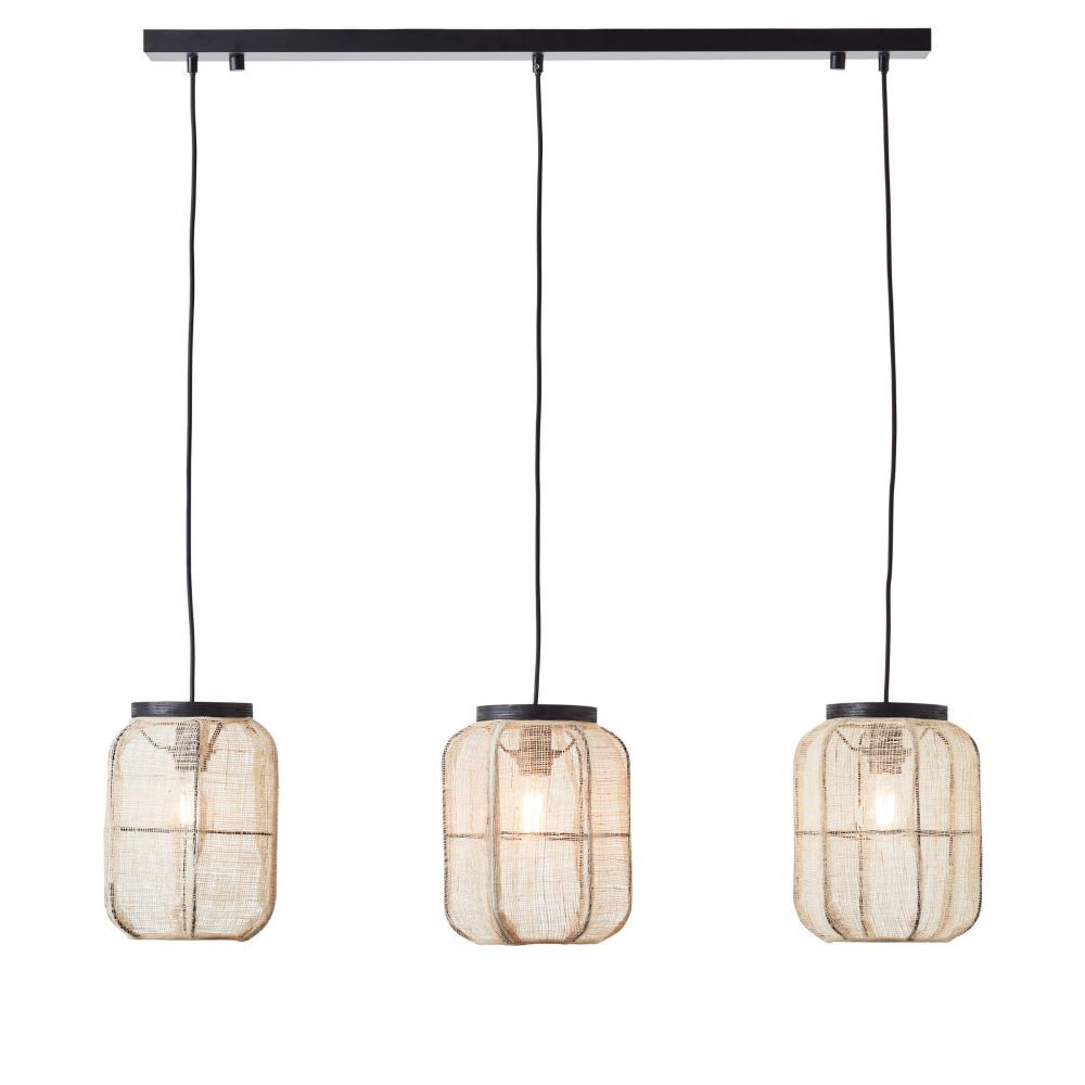 Wisząca lampa Zaire z trzema lnianymi abażurami w naturalnym stylu