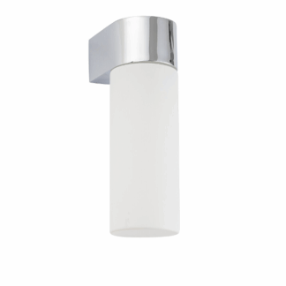 Chromowany kinkiet Natalie z mlecznym szklanym kloszem do lustra