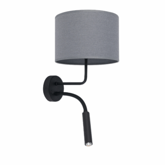 Szary kinkiet Hotel Plus w czarnoszarym kolorze z lampką do czytania i włącznikiem. Funkcjonalna lampa ścienna z tekstylnym abażurem i dodatkowym punktowym LED na wygiętym ramieniu. Praktyczne oświetlenie do sypialni hotelowej.