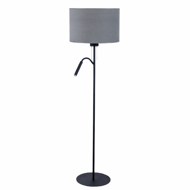 Stojąca lampa Hotel Plus w czarno-szarym kolorze z dodatkowym punktem do czytania