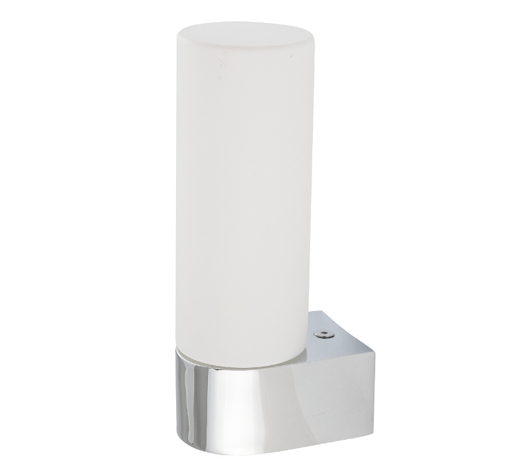 Chromowany kinkiet Natalie z mlecznym szklanym kloszem do lustra