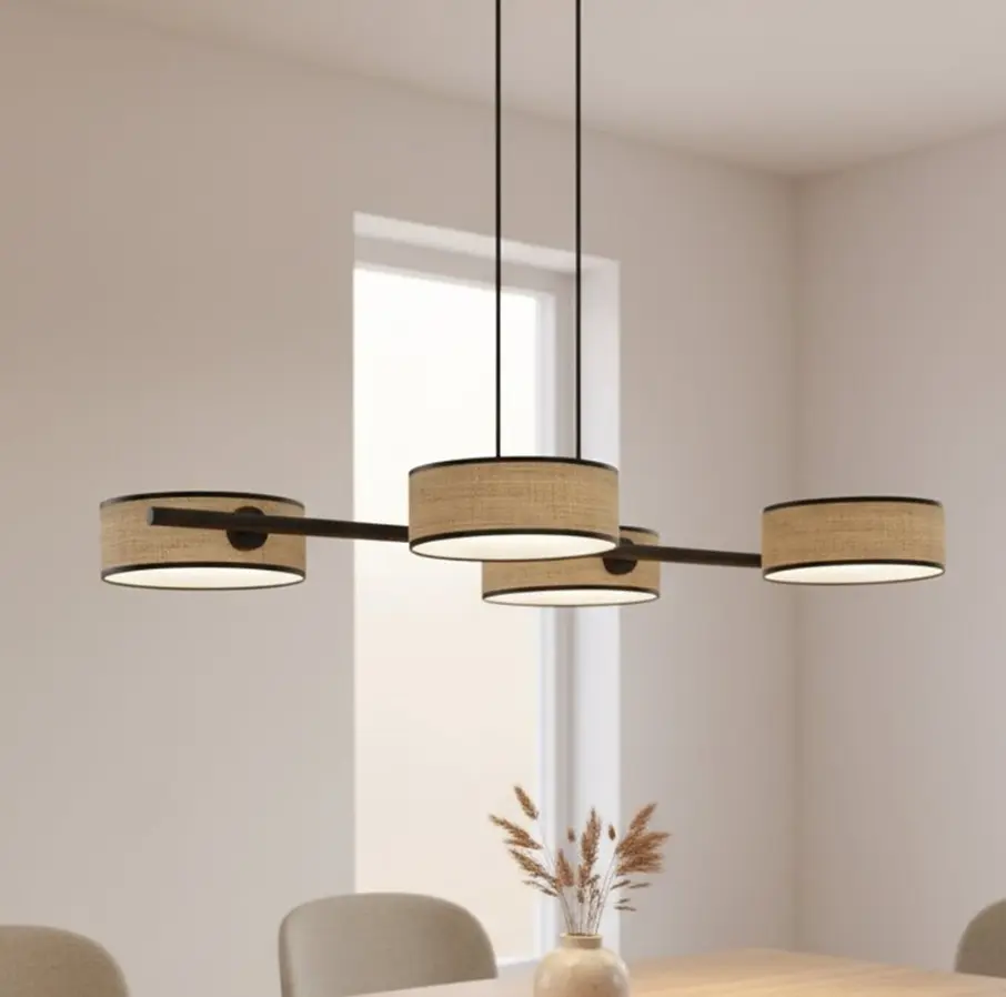 Lampa nad stół z 4 okrągłymi abażurami w stylu rattan - Emibig Drumz 4