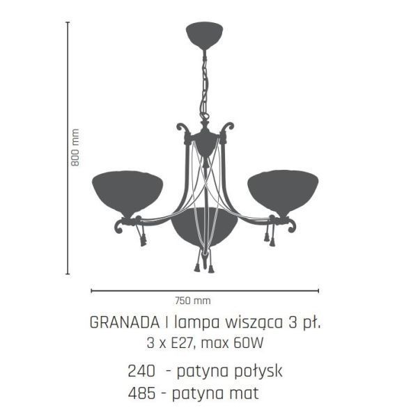 Żyrandol Granada w kolorze patyny z mosiężnym połyskiem, trzy punktowe oświetlenie