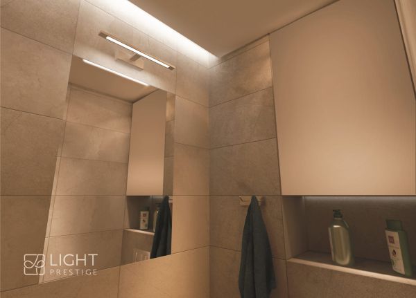 Podłużny kinkiet Isla LED CCT w kolorze chromu, odporny na wilgoć (IP44)