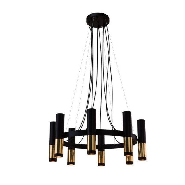 Okrągła wisząca lampa Kavos 8 z czarno-złotymi tubami