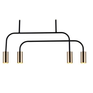 Nowoczesna 4 punktowa lampa sufitowa Vai na czarnej metalowej konstrukcji ze złotymi tubami oświetleniowymi.