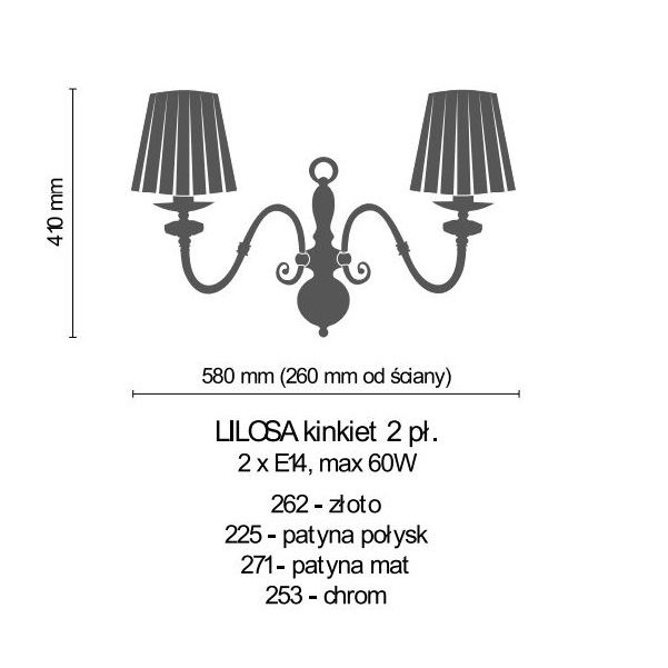 Klasyczny, złoty kinkiet Lilosa z dwoma ramionami