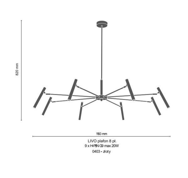 Nowoczesny, złoty żyrandol Livo z ośmioma ramionami