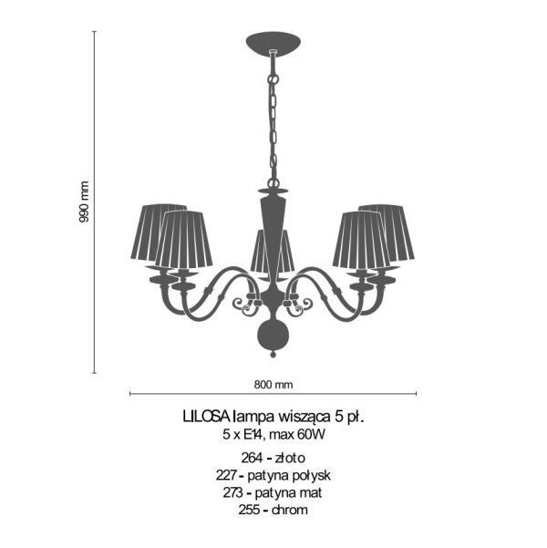 Żyrandol Lilosa w patynowym wykończeniu, pięcioramienny