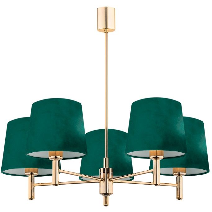 Złoty żyrandol Ponte z pięcioma zielonymi abażurami