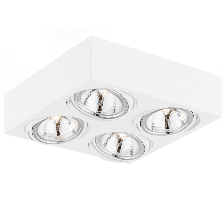 Biały kwadratowy plafon Rodos z czterema ruchomymi punktami świetlnymi