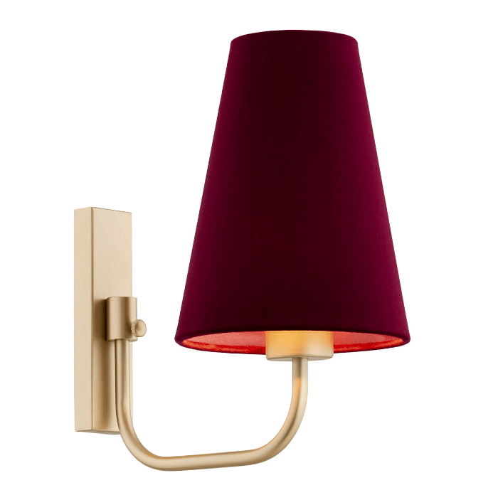 Bordowy kinkiet Safiano ze złotą bazą, idealny do salonu i sypialni