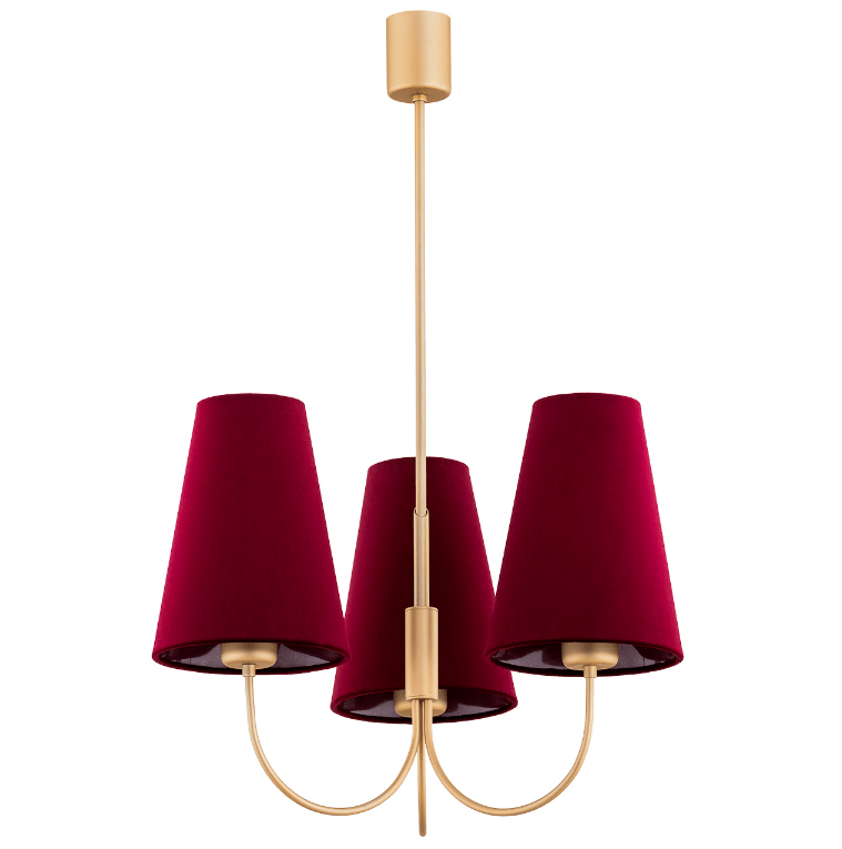 Trzypunktowy żyrandol Safiano w bordowym kolorze do salonu