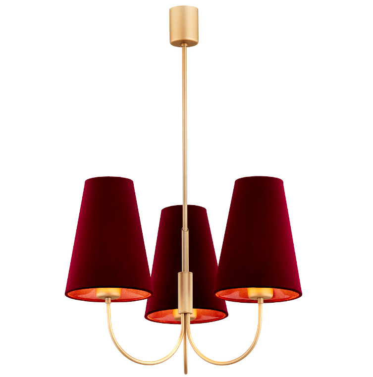 Trzypunktowy żyrandol Safiano w bordowym kolorze do salonu
