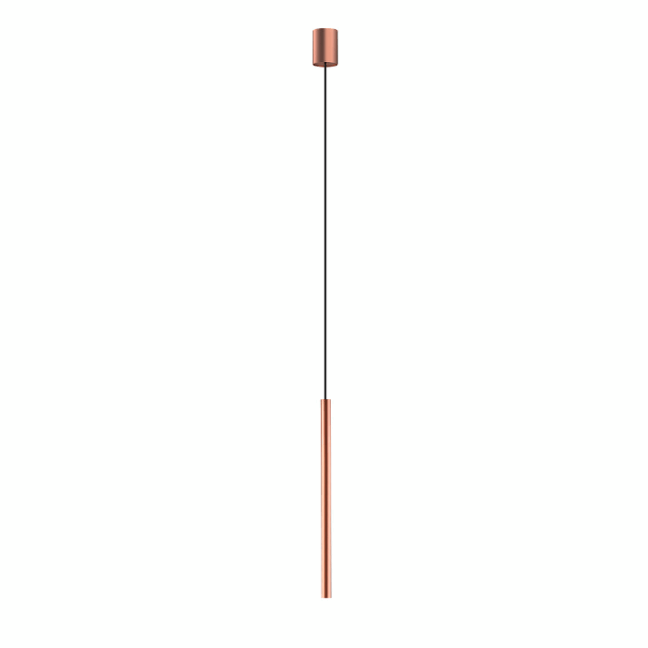 Smukła, miedziana lampa wisząca Laser o długości 49 cm