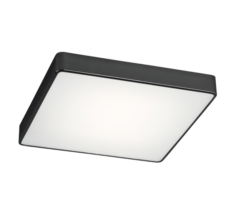 Czarna kwadratowa lampa sufitowa Ontario o płaskiej konstrukcji i wymiarze 45 cm
