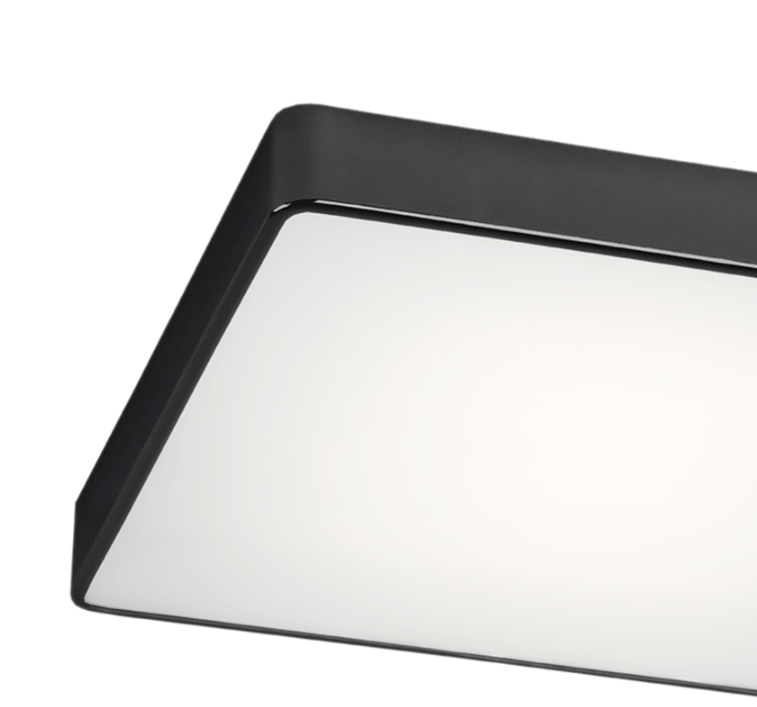 Czarna kwadratowa lampa sufitowa Ontario o płaskiej konstrukcji i wymiarze 45 cm