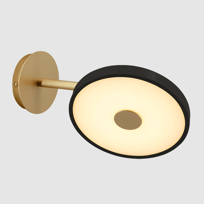 Czarno-złoty kinkiet Asteria Wall o płaskim dysku i możliwością regulacji