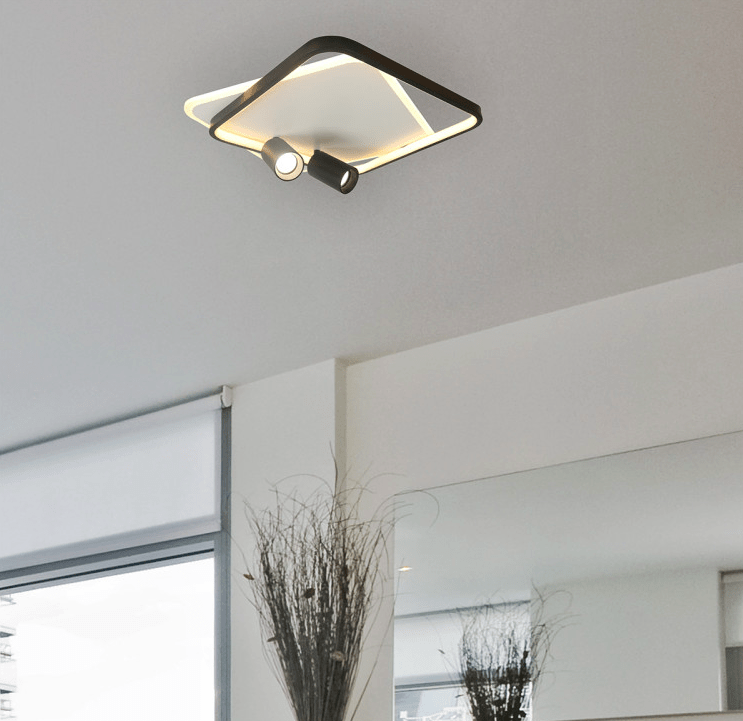 Nowoczesny plafon Parma w kształcie kwadratu z dwoma reflektorami i podświetleniem LED CCT