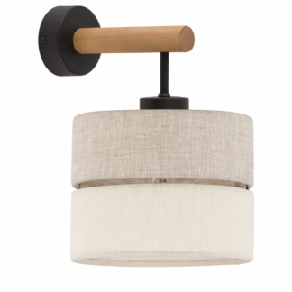 Drewniany kinkiet boho Eco z materiałowym abażurem rozświetlający wnętrze ciepłym blaskiem