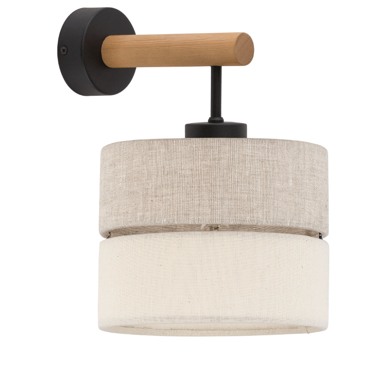 Drewniany kinkiet boho Eco z materiałowym abażurem rozświetlający wnętrze ciepłym blaskiem