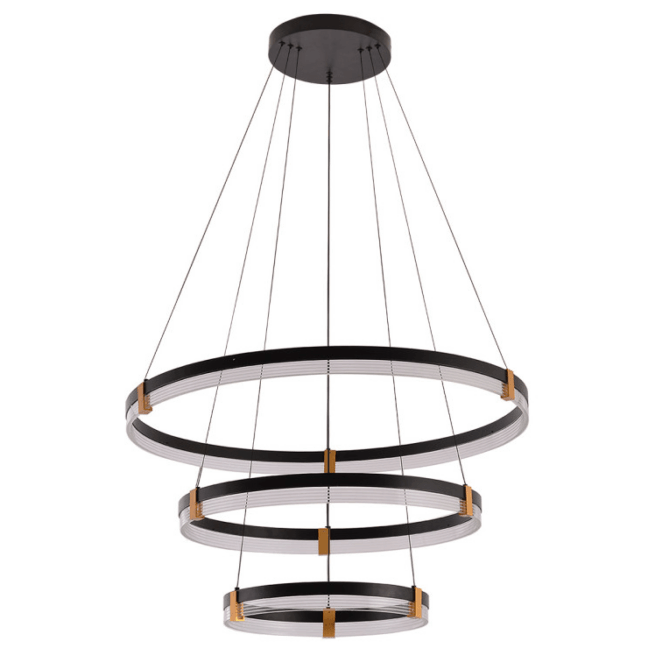 Duży czarny żyrandol LED Plum z trzema pierścieniami CCT o mocach 24W, 32W i 40W