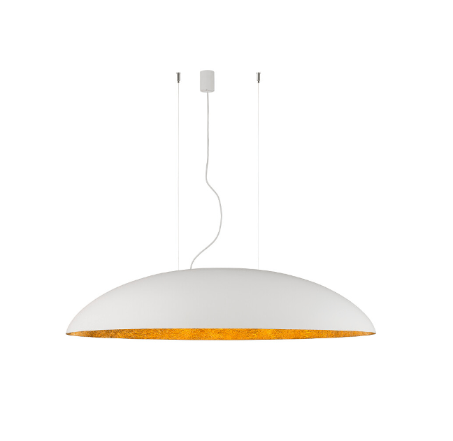 Stylowa lampa wisząca Canoe w biało-złotych barwach o długości 117 cm