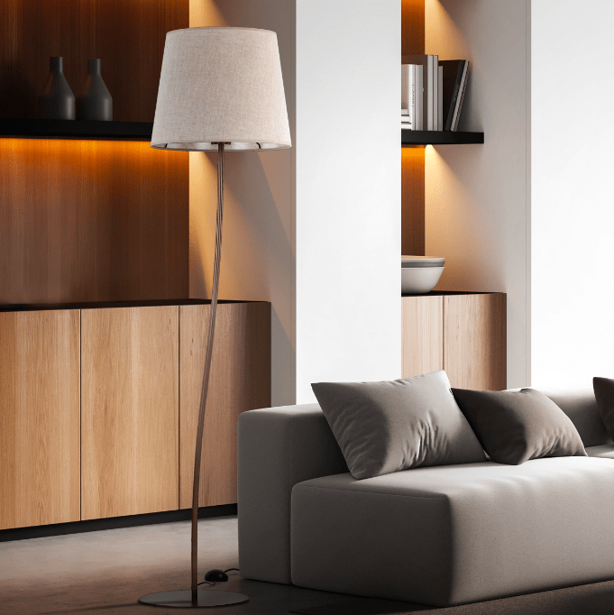 Elegancka stojąca lampa Nicola w odcieniach beżu i brązu