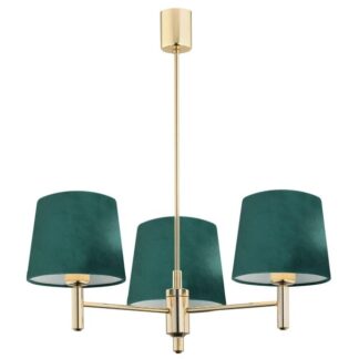 Nastrojowy żyrandol Ponte z zielonymi welurowymi abażurami na eleganckiej złotej ramie