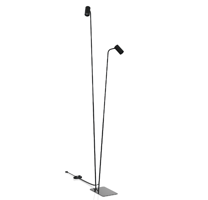 Nowoczesna lampa podłogowa Mono z dwoma reflektorami w czarnych tubach