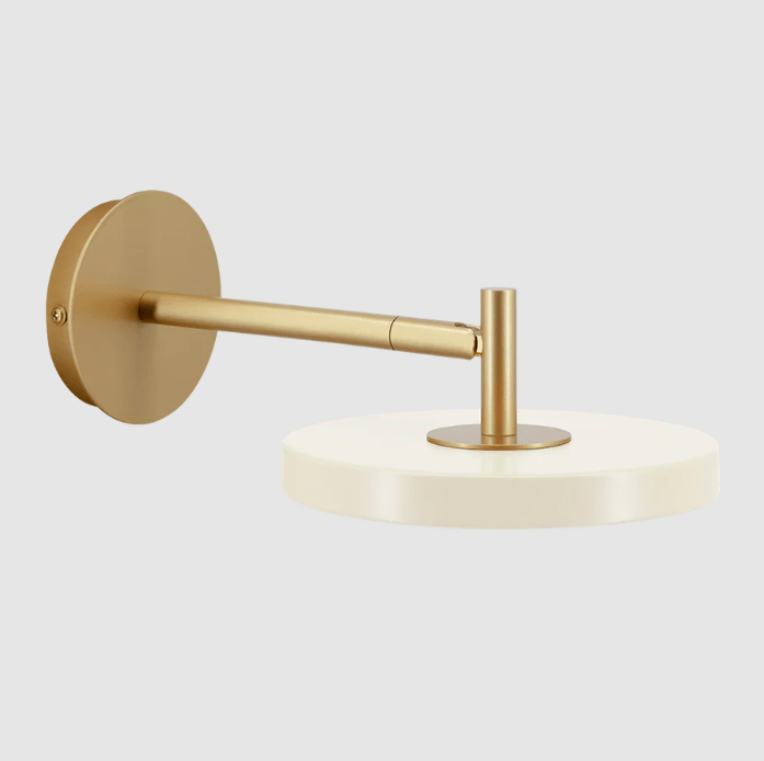 Nowoczesny biało-złoty kinkiet LED Asteria Wall z płaskim, ruchomym kloszem