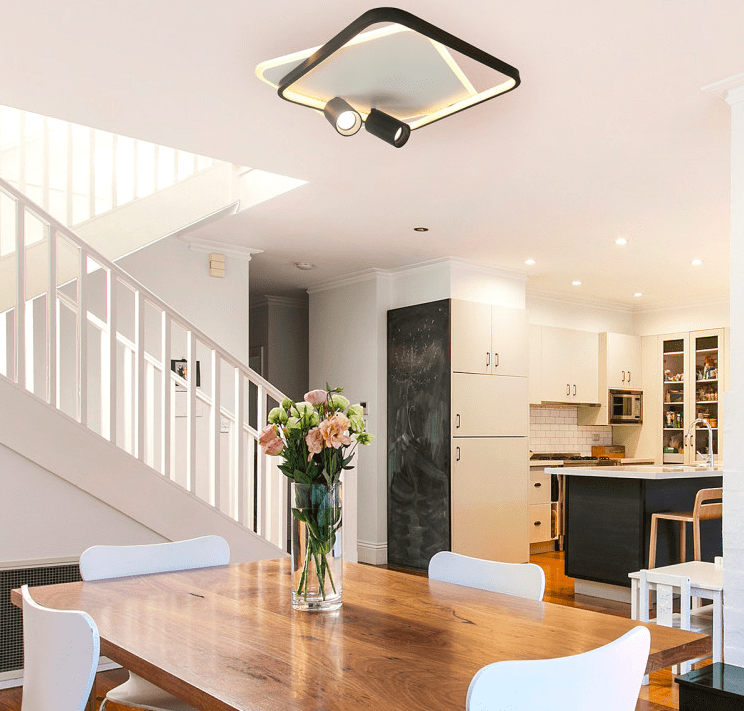 Nowoczesny plafon Parma w kształcie kwadratu z dwoma reflektorami i podświetleniem LED CCT