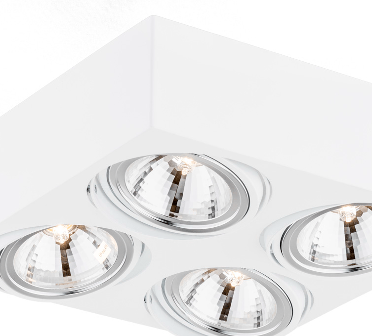 Biały kwadratowy plafon Rodos z czterema ruchomymi punktami świetlnymi