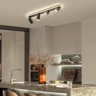 Podłużna sufitowa lampa Parma z listwą i czterema regulowanymi spotami LED CCT