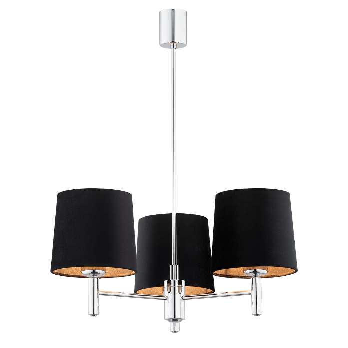 Srebrno-czarny żyrandol Bolzano z trzema welurowymi abażurami