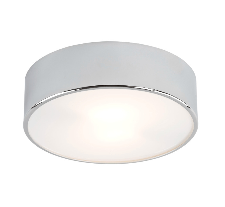 Srebrny plafon łazienkowy Darling o średnicy 25 cm z hartowanego szkła i chromowanym wykończeniem