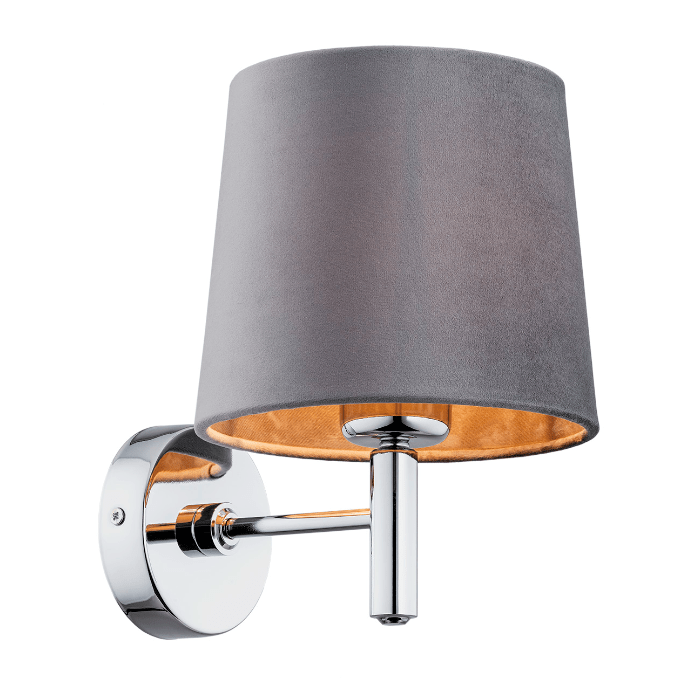 Szary kinkiet Bolzano z abażurem i srebrną podstawą do sypialni