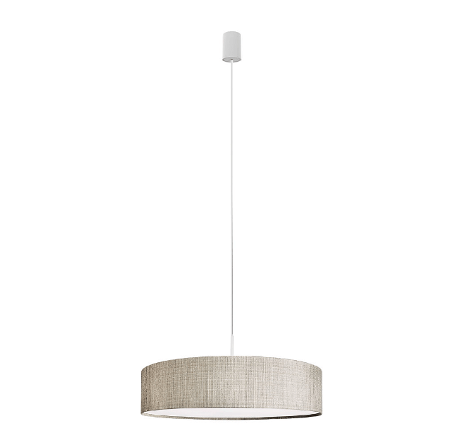 Lampa wisząca z szarym płaskim abażurem zawieszona na białym przewodzie.