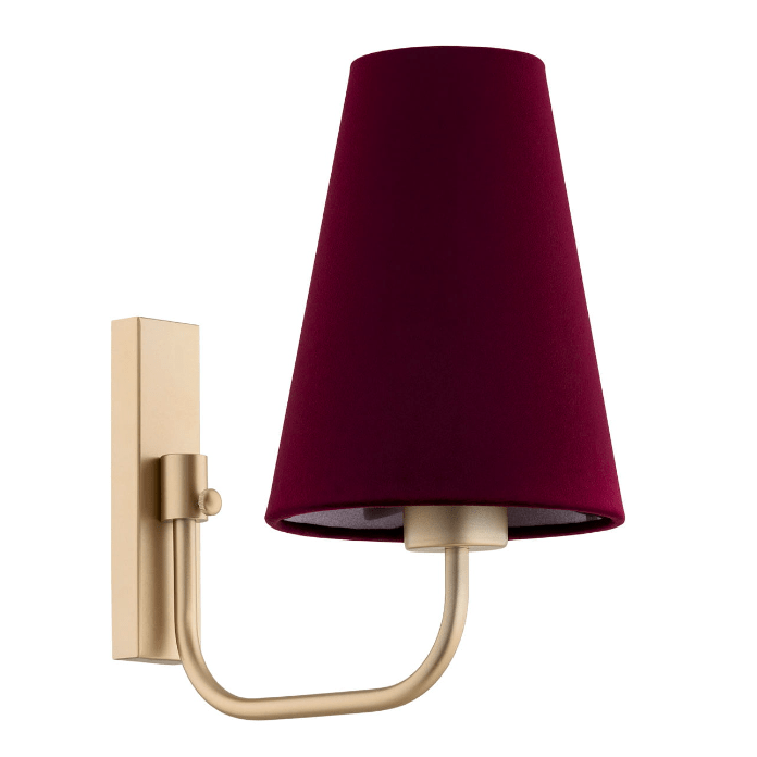 Bordowy kinkiet Safiano ze złotą bazą, idealny do salonu i sypialni