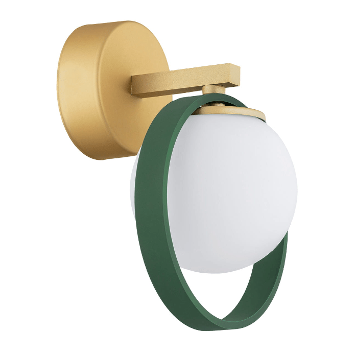 Złoty kinkiet Saturnia z białą kulą i zieloną obręczą